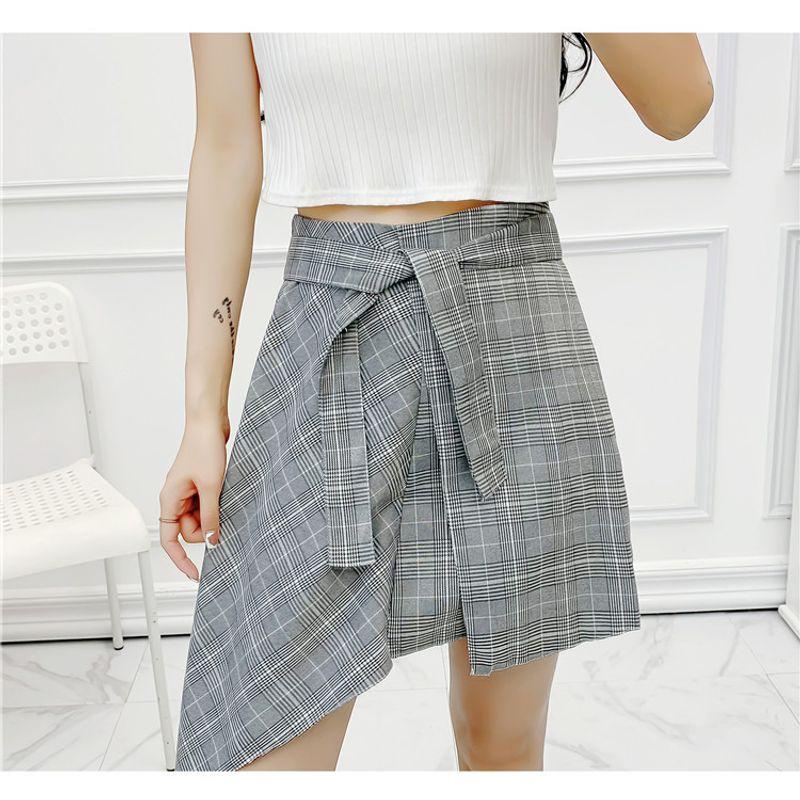 

Retro Plaid Drawstring Patchwork Irregular Skirt Gray plaid S