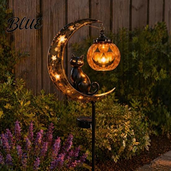 Autumn Theme Landscaping Lights for Flower Beds Solar Halloween Black Cat & Pumpkin Moon Garden Stake Light Waterproof on Spooky Yard Ornaments Lawn