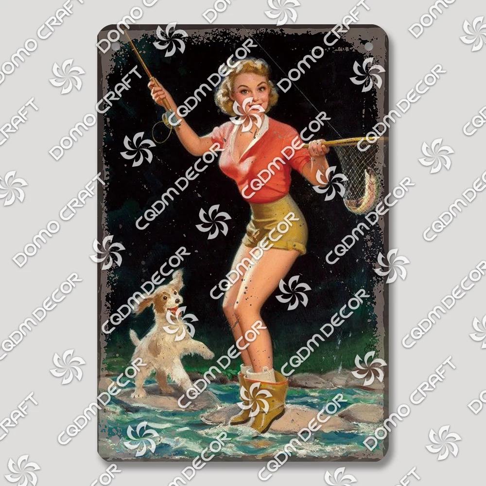 Vintage Znak Metalowy Blaszany Dziewczyny Wędkujące Retro Kobieta z Psami Dekoracja Ścienna dla Klubu Wędkarskiego Dom Wiejski