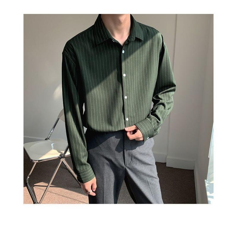 Fashionable and High-end Dark Green Striped Shirt Men's Long-sleeved Loose Silky Iron-free Casual Button Cardigan