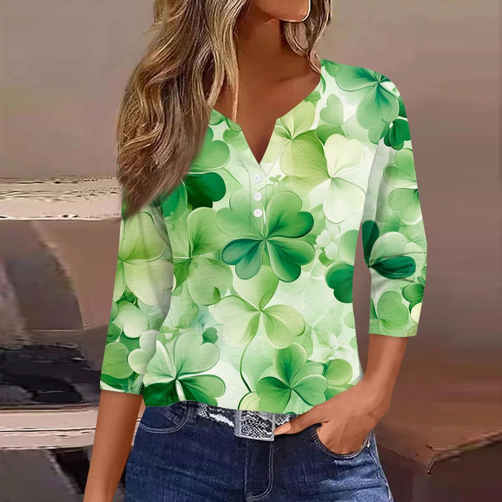 3/4-Ärmel-Shirts für Damen Niedliche Druck-Grafik-T-Shirts Blusen Lässige Blusen V-Ausschnitt Tunika-Tops St. Patrick's
