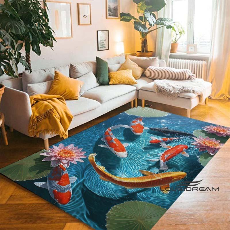 Tappeto Cartoon Lussuoso Pesce Koi Fortunato Yin Yang Carpa per Camera da Letto Soggiorno Divano Tappetino d'Ingresso Casa, Tappetino Pavimento Grande Antiscivolo per Bambini