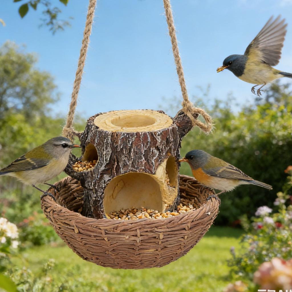 Hanging Tree Stump Bird Feeder, Sturdy Resin Bird Watching Feeding Station with sy to Open Water Inlet and Holes