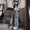 Cargo Jeans for Girls Spring Loose Casual Elastic Waist Teenage Children Wide Leg Pants Design Streetwear Kids Trousers