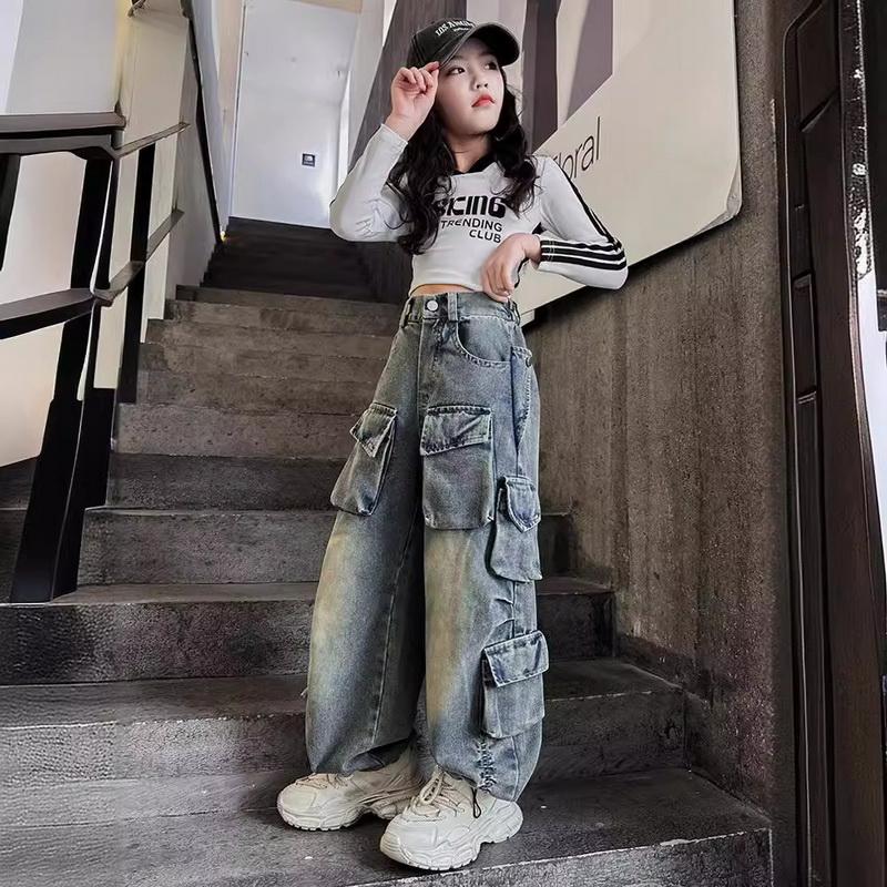 Cargo Jeans for Girls Spring Loose Casual Elastic Waist Teenage Children Wide Leg Pants Design Streetwear Kids Trousers