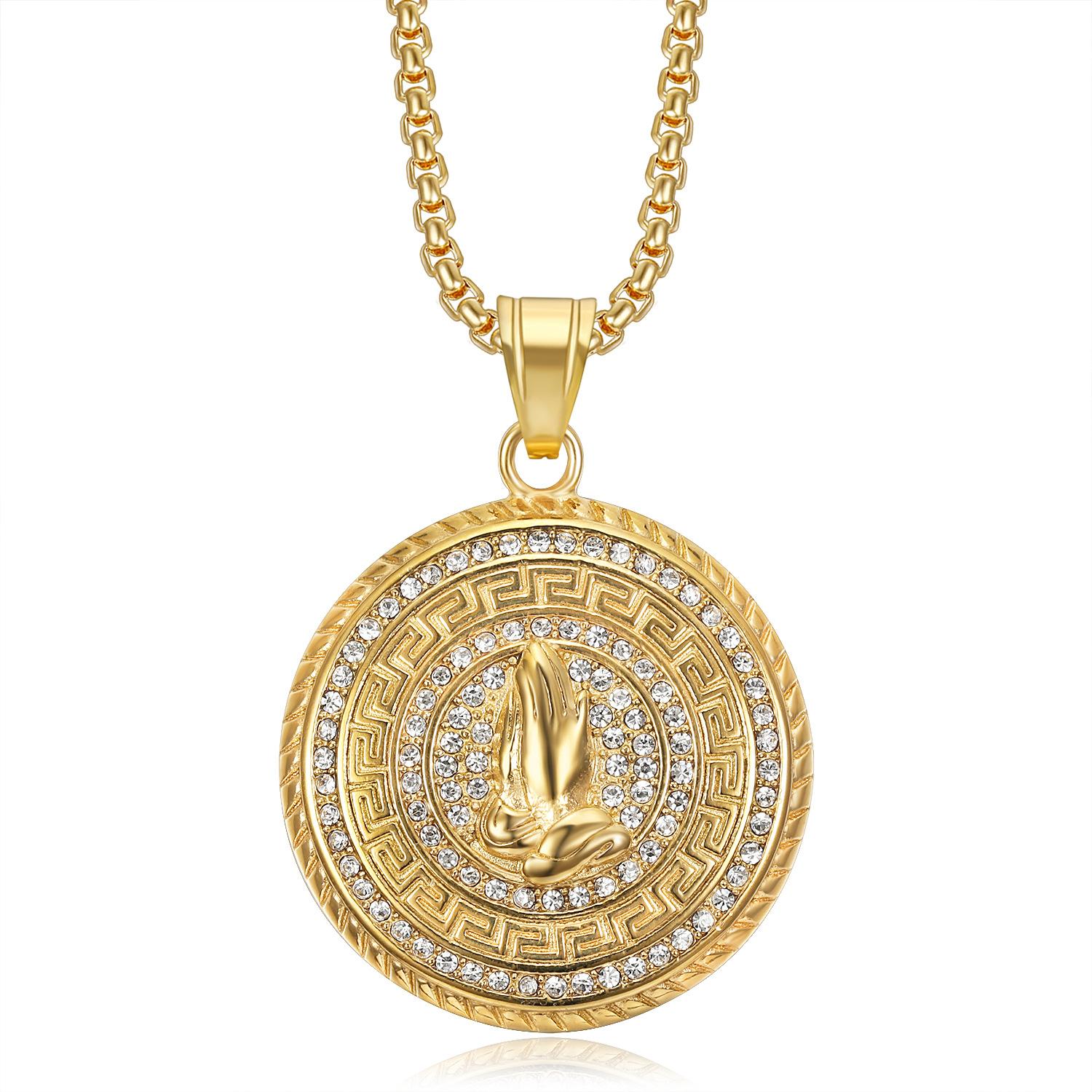 European and American Jewelry, Gold-plated Diamond Disc Prayer Hand Pendant Necklace 2026 60CM