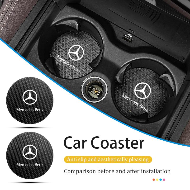 BENZ 2pcs Car Coaster Carbon Water Cup Slot Non-Slip Pad Bottle Mat For Mercedes Benz AMG A C E S G Class W201 W210 W108 W204 W205