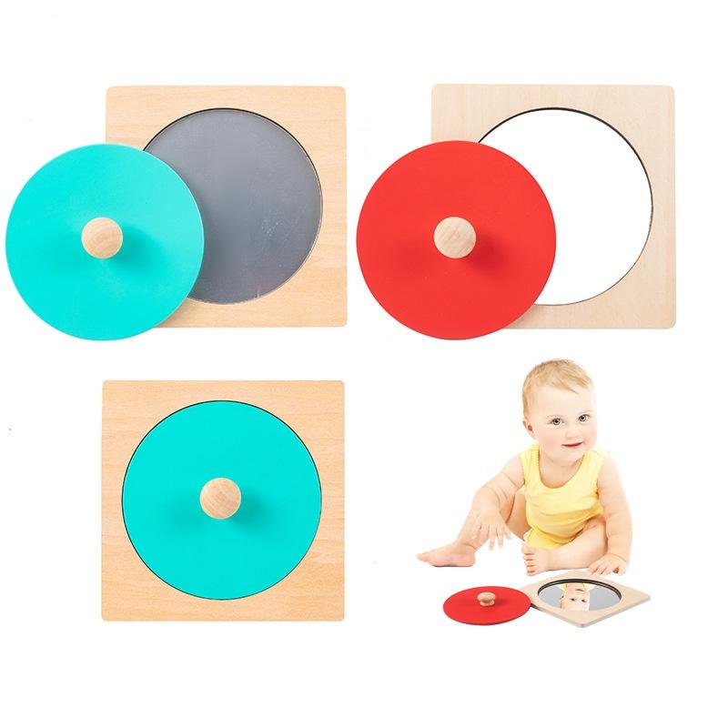 Hoshi Baby Wooden Montessori Mirror Peekaboo Knob Puzzle, Infant 3mos+ Tummy Time Toy