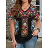 Ethnic Style T-Shirts Vintage Floral 3D Print Women's V-Neck Short Sleeve T Shirt Y2k Harajuku Tees Casual Tops Female Clothing