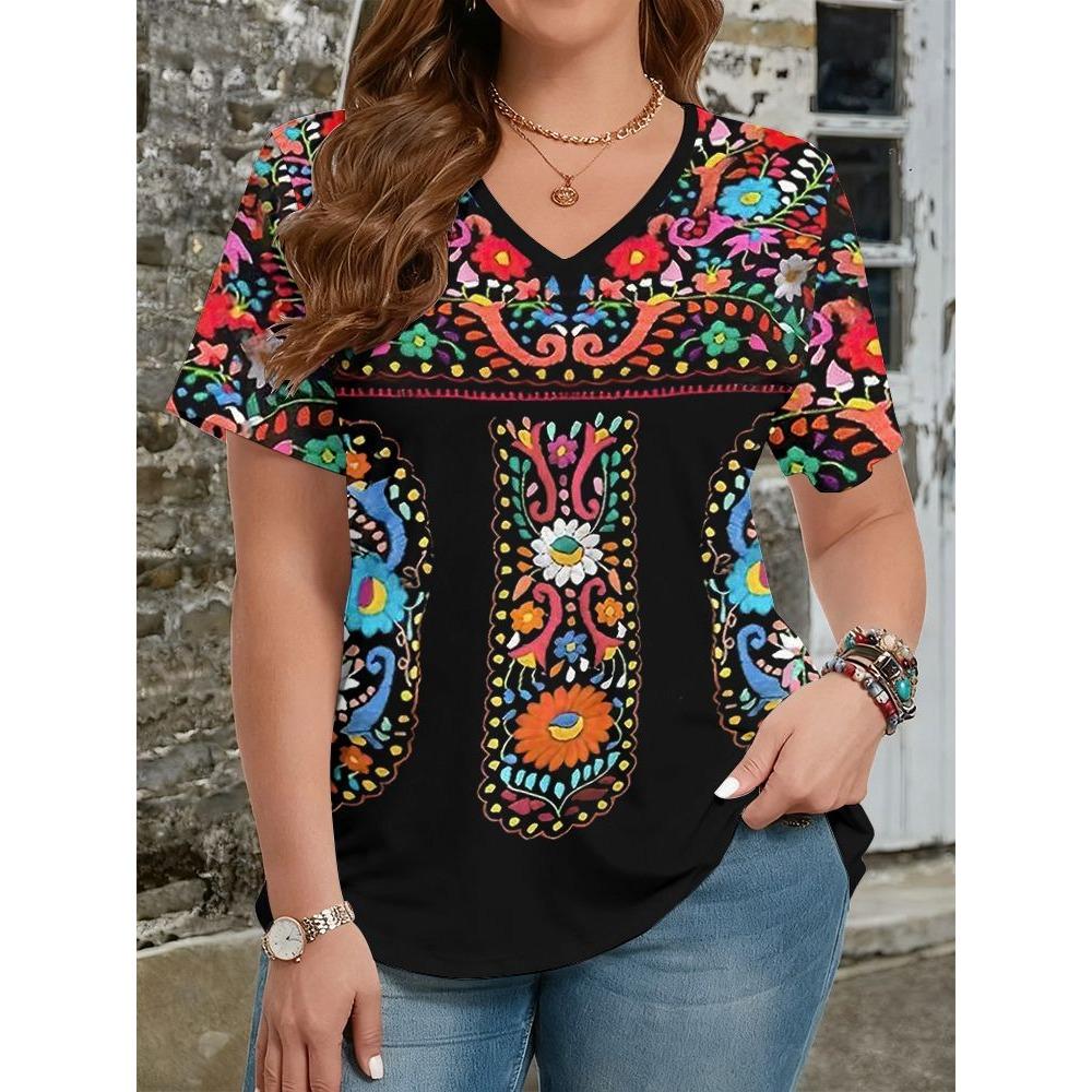 Ethnic Style T-Shirts Vintage Floral 3D Print Women's V-Neck Short Sleeve T Shirt Y2k Harajuku Tees Casual Tops Female Clothing