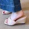 Eilyken Design Style Pleated Weave Square Toe Women Slippers Summer Fashion Wedges Low Heels Banquet Party Slide Shoes
