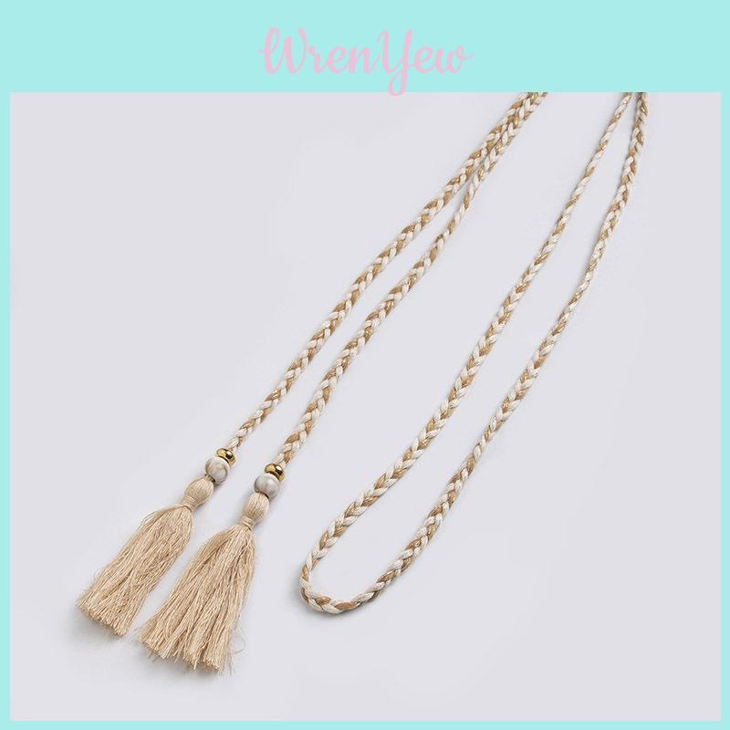 Ethnic Style Cotton Linen Waist Rope With Wooden Beads And Tassels For Casual Wear
