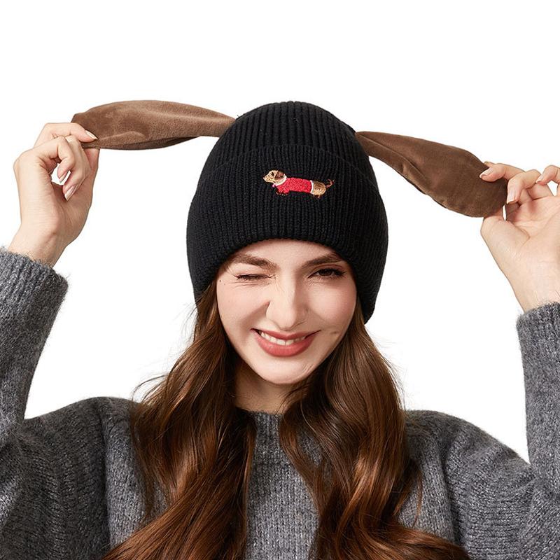 Pinch Ears Will Ring Knitted Hat Women Autumn Winter Windproof Warm Embroidered Dog Wool Hat