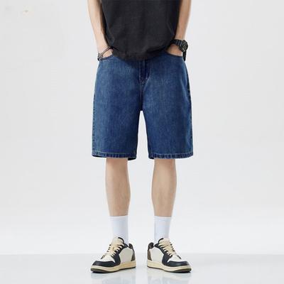 Men Shorts Elastic Waist Mid-rise Summer Casual Sport Shorts with Pockets Straight Wide Leg Denim Shorts