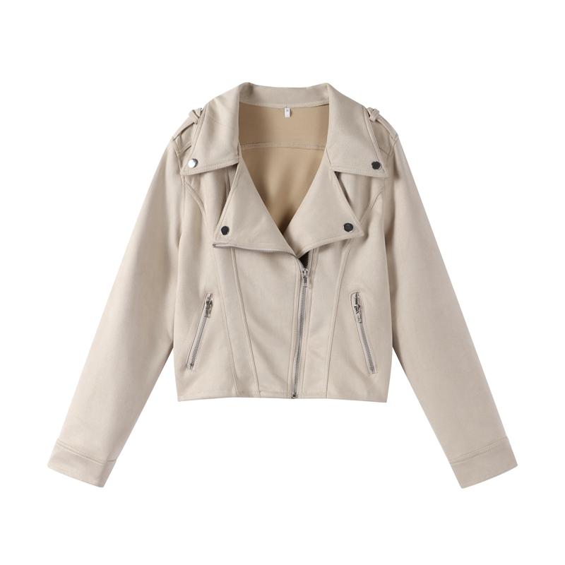 Jaqueta Vintage de Couro Camurça Sintético Slim Fina Feminina Gola Virada para Baixo Zíper Casaco Curto Manga Comprida Jaquetas Sólidas Estilo Motociclista Casual Outono Inverno