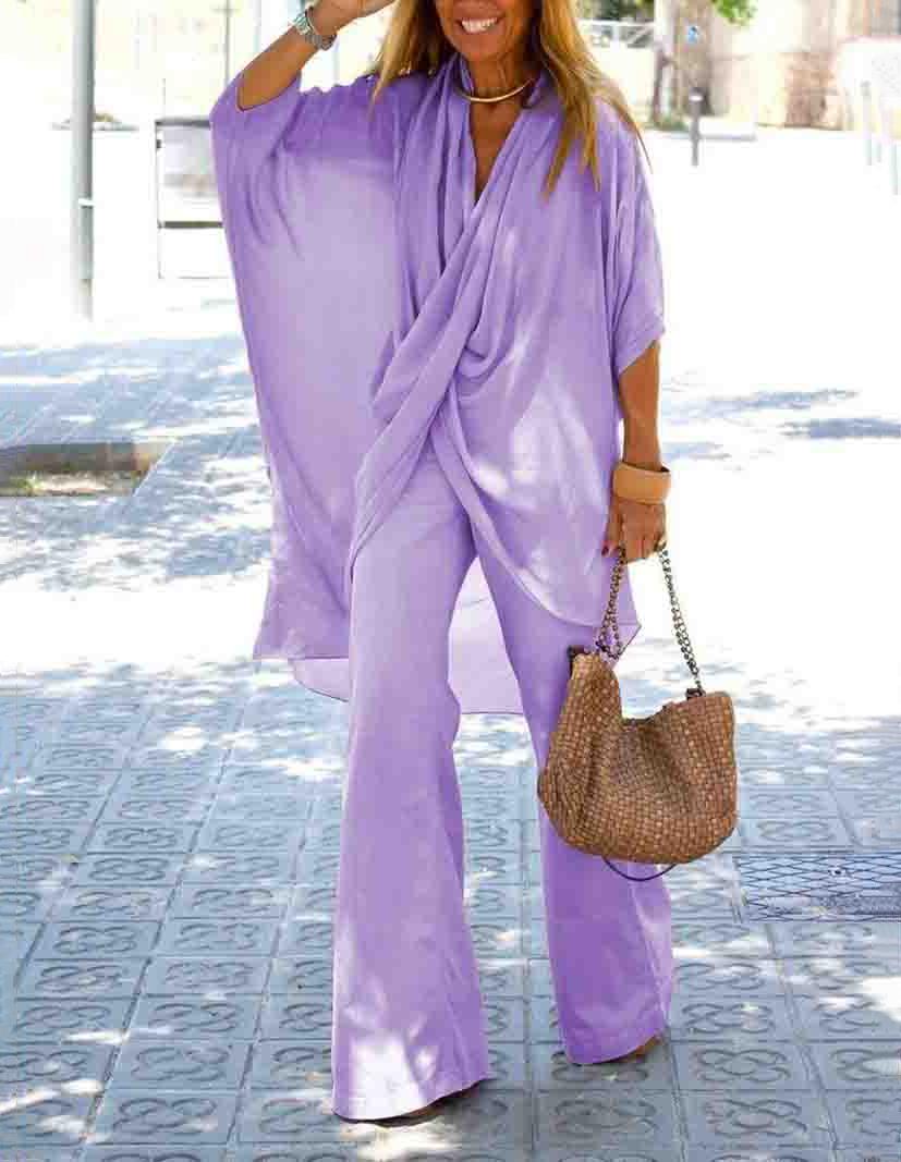 

MAITA Весна/Лето Женская Повседневная Свободная Тюлевая Кукольная Блузка с рукавами из хлопка и льна Топ Широкие Брюки Однотонный Цвет Из Двух Частей S фиолетовый