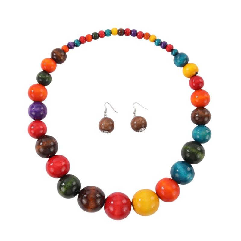Bohemian etniczny wielokolorowy przesadzony długi naszyjnik z drewnianymi koralikami zestaw - latynoamerykański zestaw biżuterii