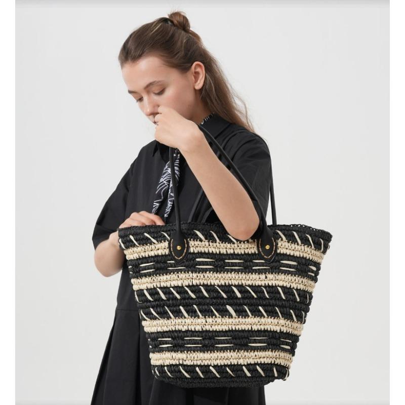 

Contrasting Straw Bags Handmade Crochet Bags Large Capacity Shoulder Tote Bags Seaside Vacation Beach Bags zipper чёрный