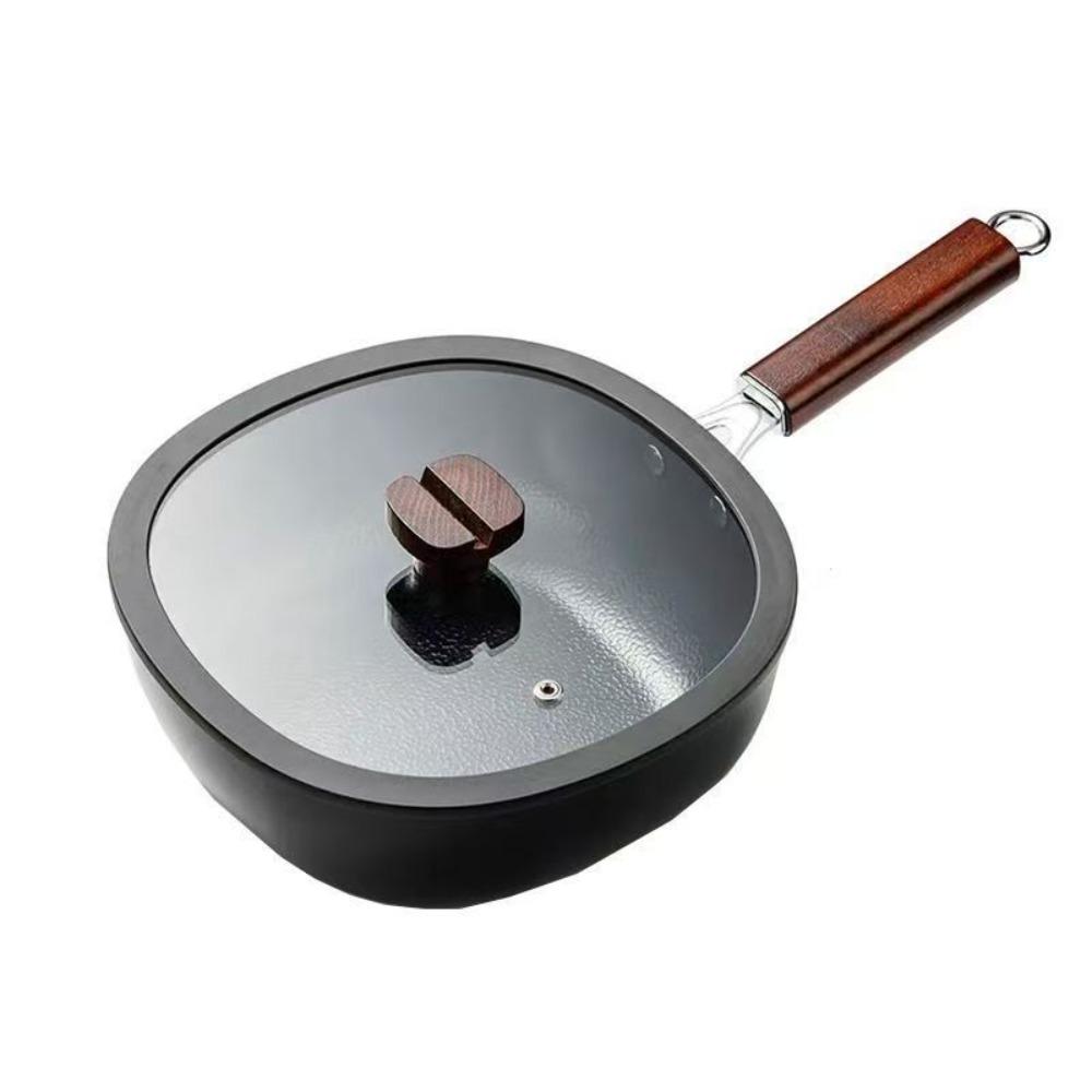 Wood Handle Square Frying Pan No Coating Nonstick Pan Universal Stir Fry Pot  Stove чёрный