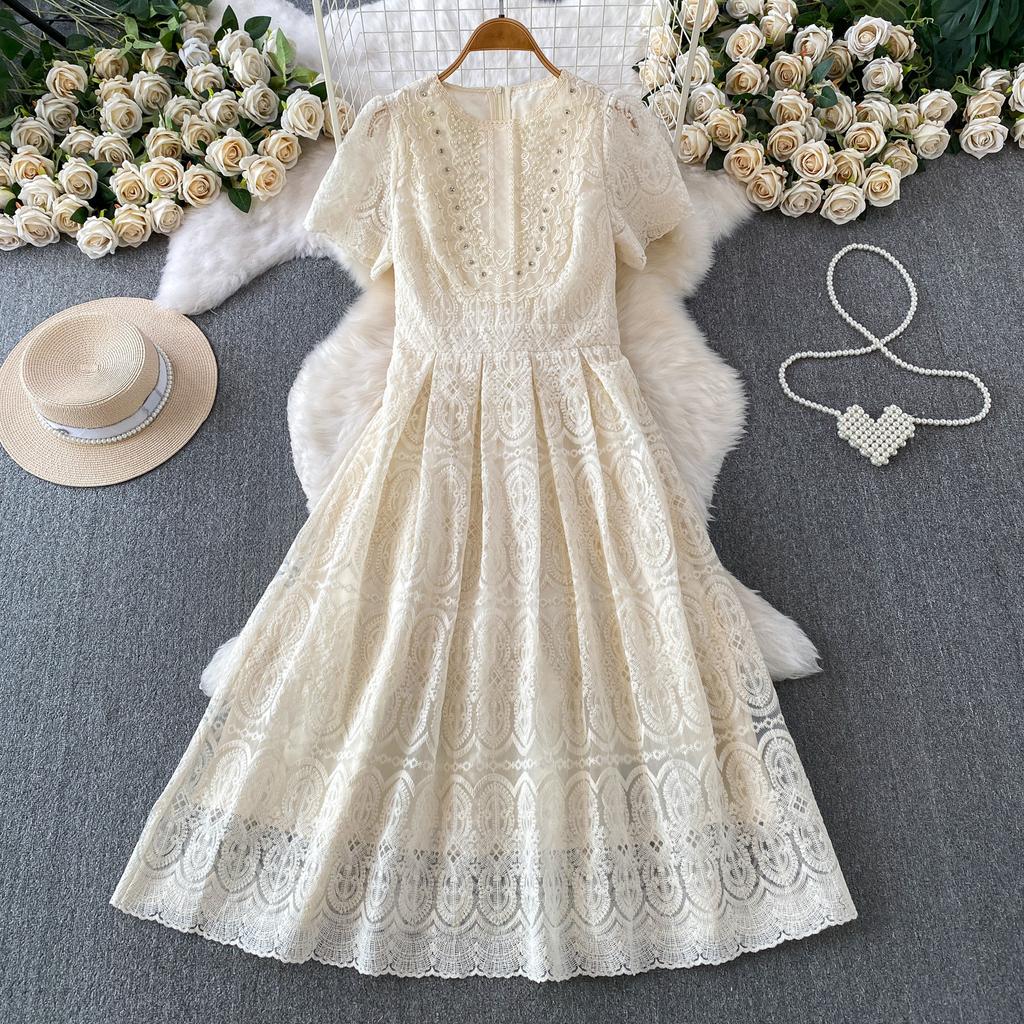 High Quality Runway Design Embroidered Beaded Round-Neck Wedding Dress for Women Summer Lace Crochet Slim Pleated Dress