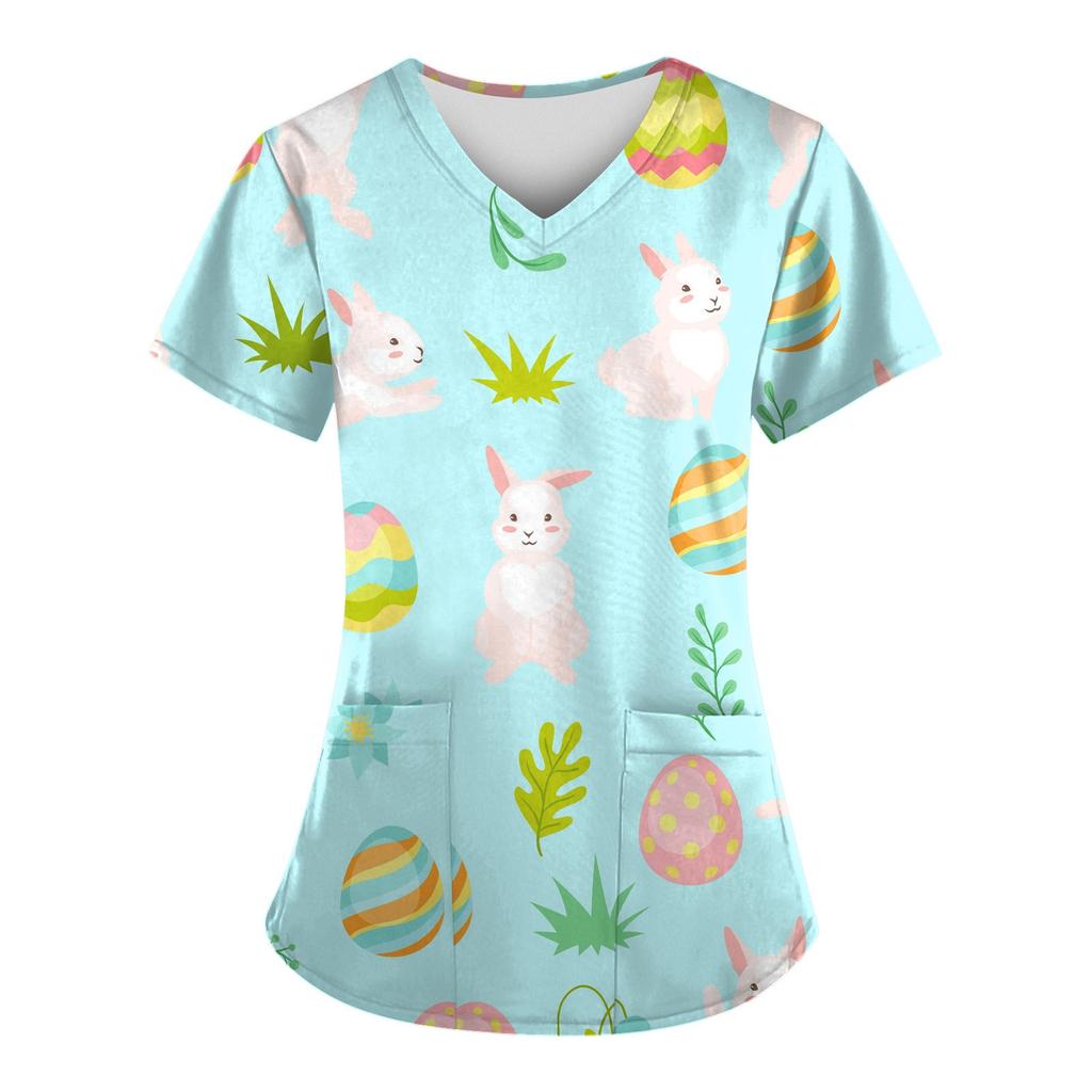 Women Fashion Easter Print V-neck Short Sleeve Workwear With Pockets Tops