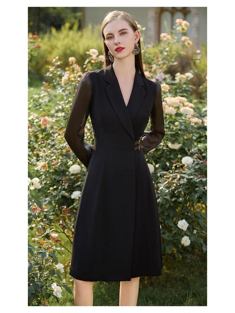 Spring Black Mesh Sleeve Goddess Dress - Waist-Slimming Suit Collar, Mid-Length Professional Women's Outfit