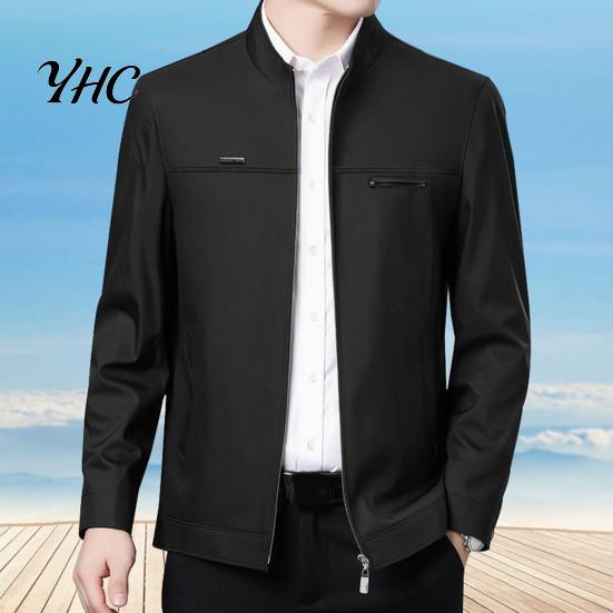 Solid Color Men Coat Spring Fall Stand Collar Mid-aged Father Jacket Long Cardigan Sleeve Smooth Zipper Closure Warm Business Style Pockets Winter