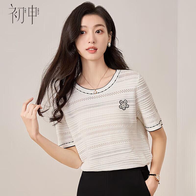 Women s Summer Camellia Waffle Knit Round Neck T-shirt M