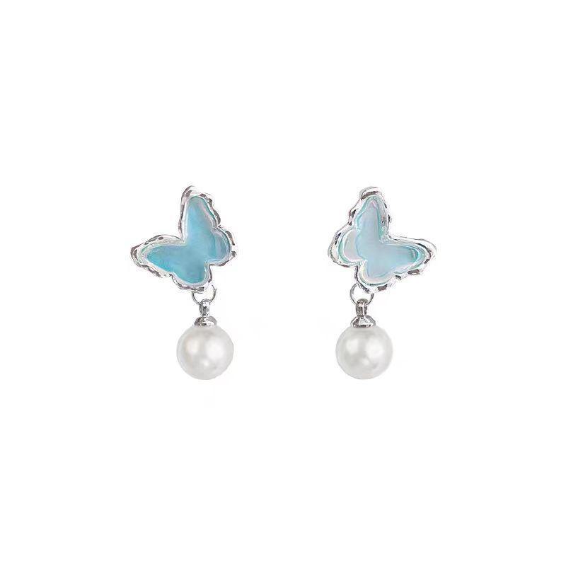 2025 Spring High-End Ice Blue Butterfly Pearl Earrings for Women