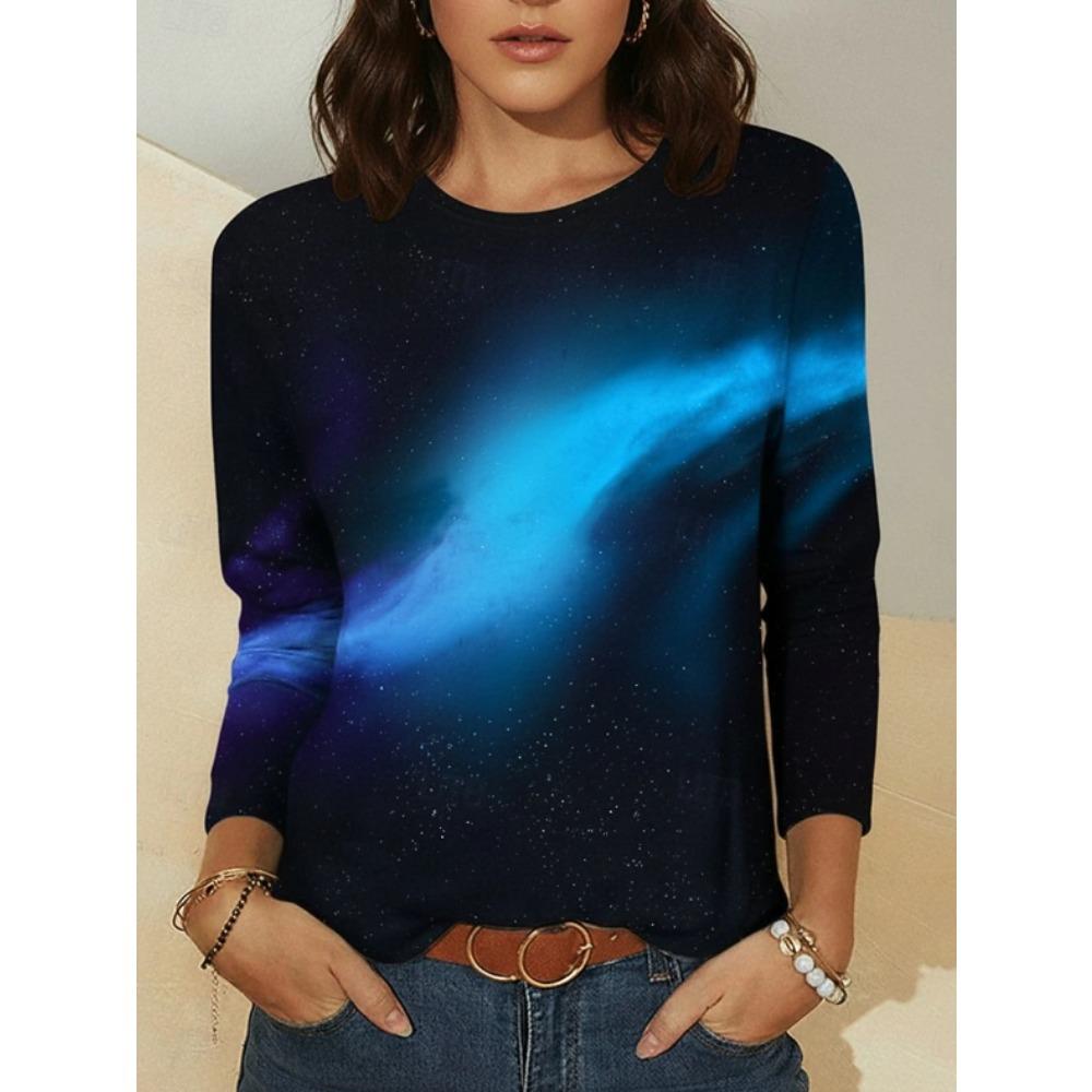 Tops for Women Starry Sky Print Round Neck Long Sleeve T-shirt Fall Casual Slim Pullover Women's Long Sleeve Top