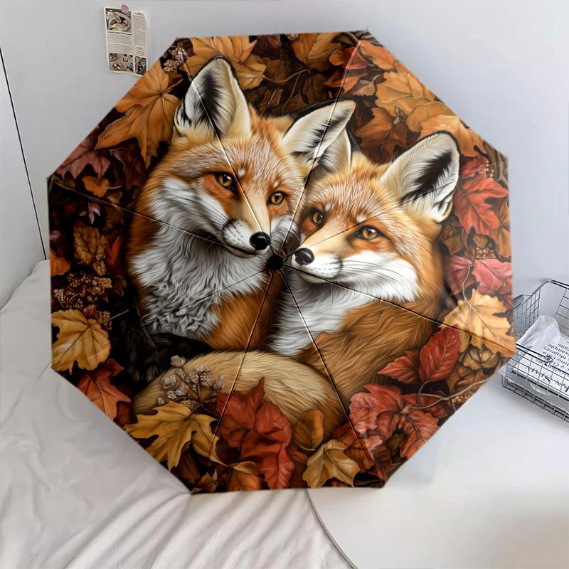 0106 Fox Family  pattern, automatic folding umbrella, portable and foldable design, 8 ribs, a Christmas or birthday gift.