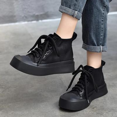 Retro kurze Stiefel Damen flache Plateauschuhe Echtleder Schnürung vielseitige Stiefel