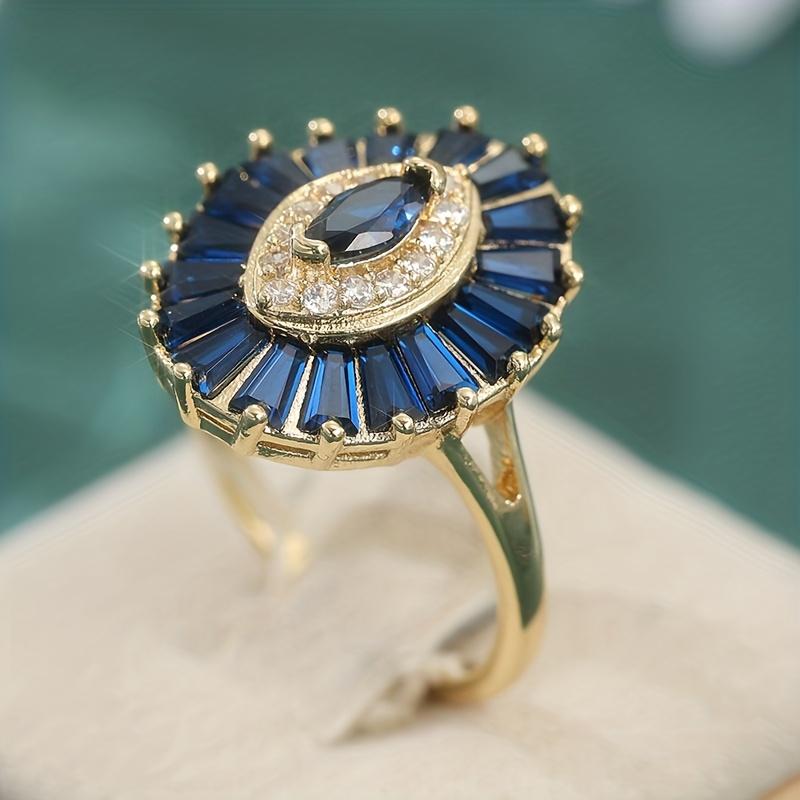 Retro Luxury Blue Color Inlaid Zircon Oval Women's Ring, Fashionable and Trendy Holiday Party Accessories Jewelry Gifts