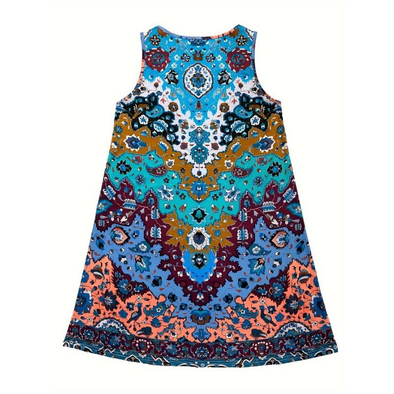 Damen Boho Ärmelloses Rundhalskleid - A-Linie Knielang Lässig Sommerkleid, Heller Paisley-Print
