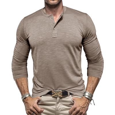 Europeisk och Amerikansk Stil Herr Slub Bomull Topp Knäppt Henley Skjorta Enfärgad Långärmad T-shirt