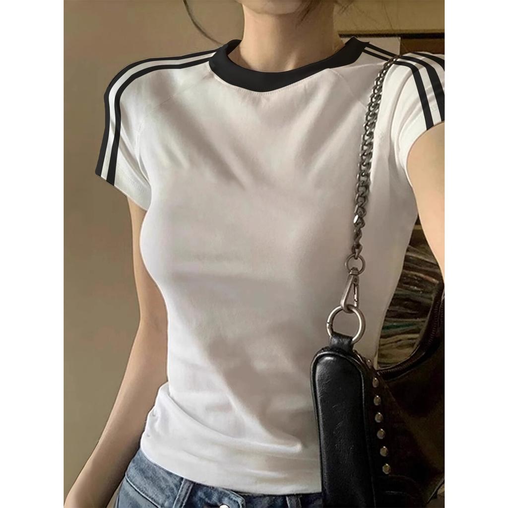 Women's Round Neck Short Sleeve Regular Fit Top Casual Colorblock Cotton T-Shirt