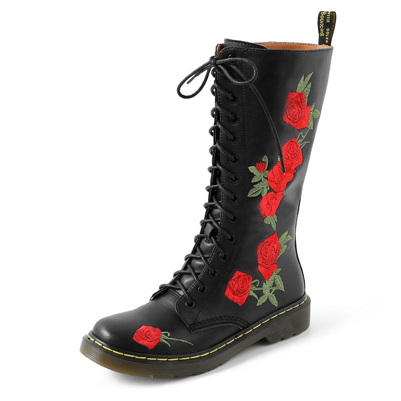New Fashion Women's Leather Boots Embroidered Mid-tube Boots Street Casual Walking Shoes Martin Boots