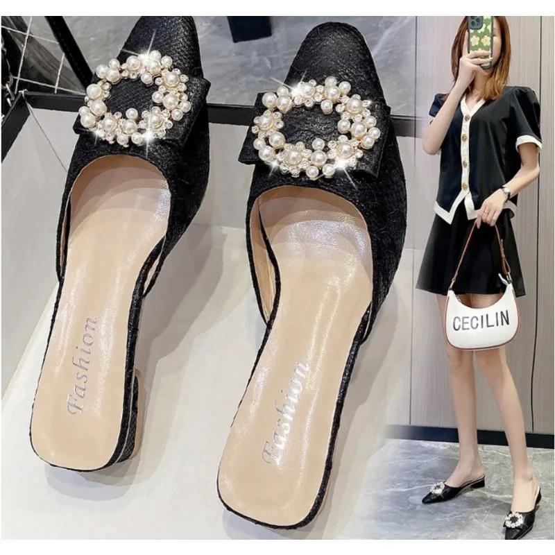 

Летние тапочки, женская мода, мюли с бусинами, новые удобные босоножки на среднем каблуке с толстым острым носком 40 чёрный