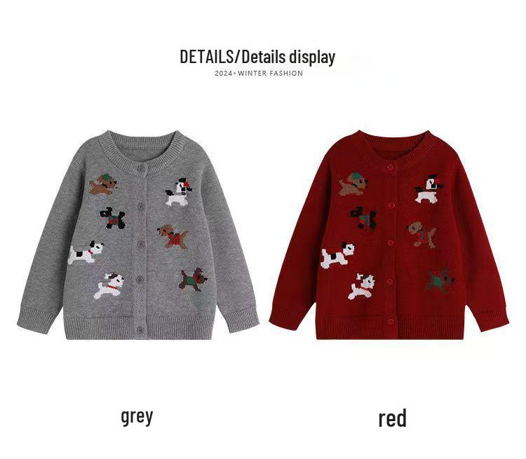 Świąteczny czerwony kardigan dziewczęcy z kreskówkowym motywem świątecznym - jesienny dzianinowy sweter-płaszcz.