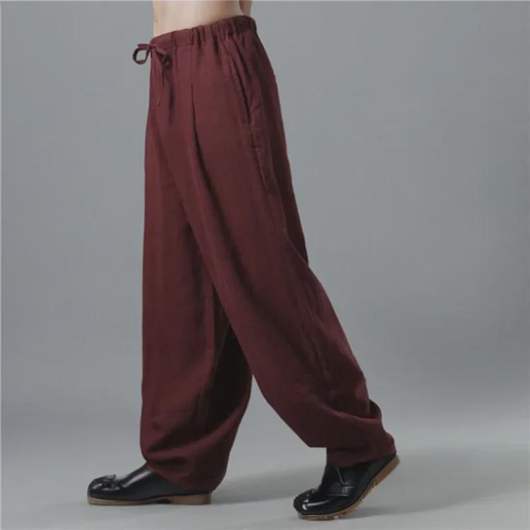 Men's Summer Loose-Fit Cotton Linen Wide-Leg Elastic Waist Sports Pants