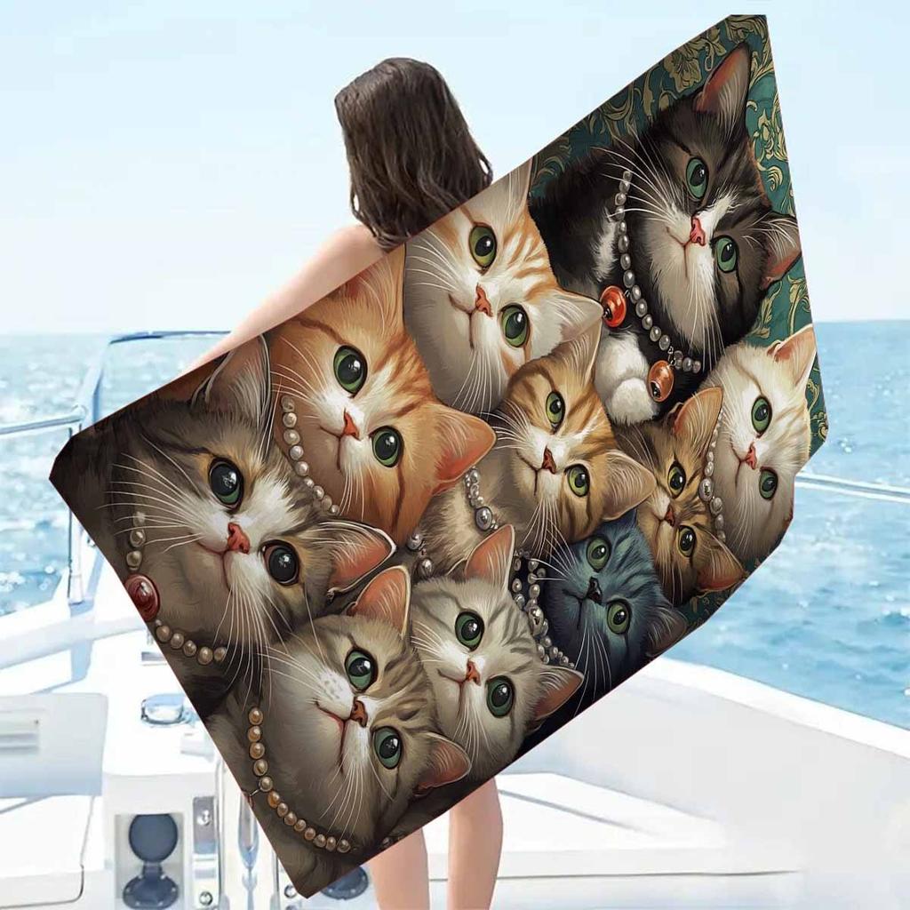 Adorable Cats with Pearls Print Bath Towel - Perfect for Summer Vibes and Pool Days, Ultra Soft and Absorbent