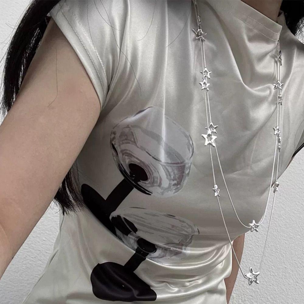Pentagram Star Long Chain Simple Necklace Metal Five-pointed Sweater Steel Chain Jewelry for Women Girls