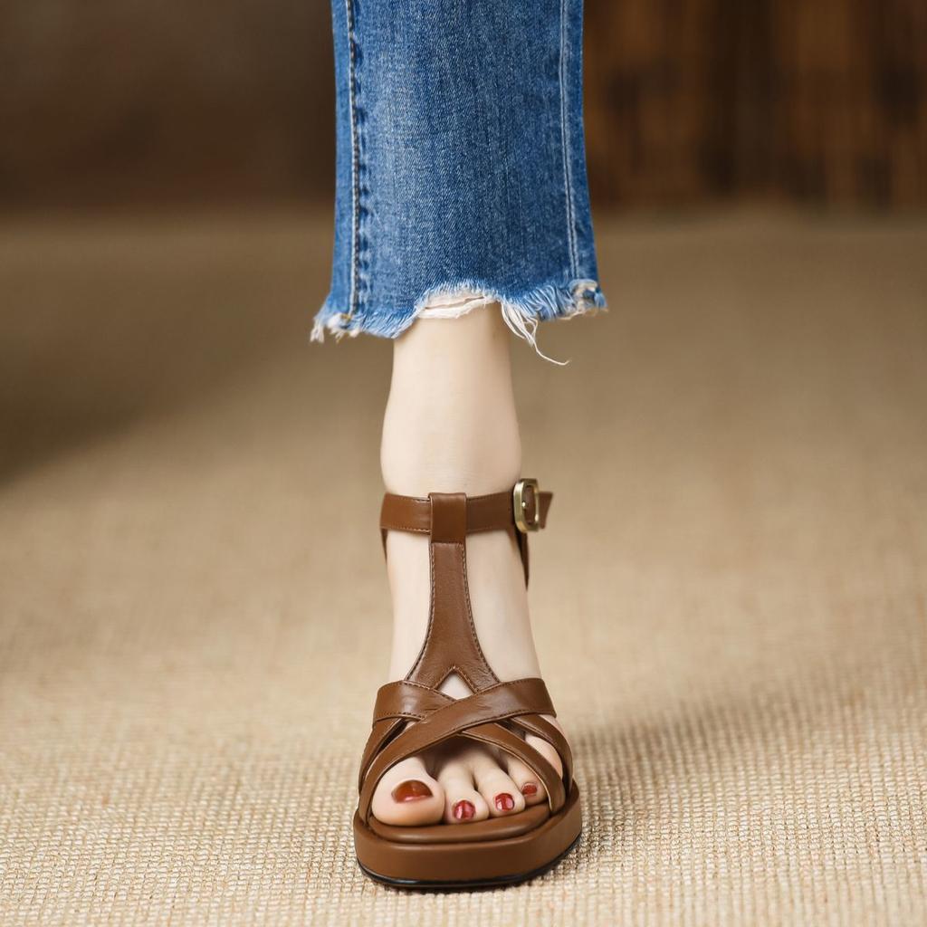 Handmade Women'S Shoes Summer Word With Square Head Heightening Sandals Waterproof Table Thick Heel High Heel Full Leather Apricot Women