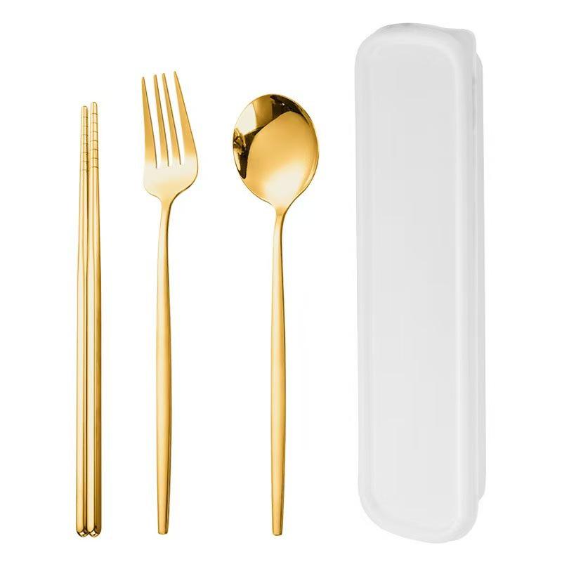 410 Stainless Steel Travel Cutlery Set: Fork, Spoon & Chopsticks In Gift Box. Perfect for Students!