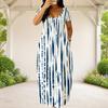 Women Plus Size Round Neck Short Sleeve Blue White Printed Loose Maxi Dress With Side Pockets