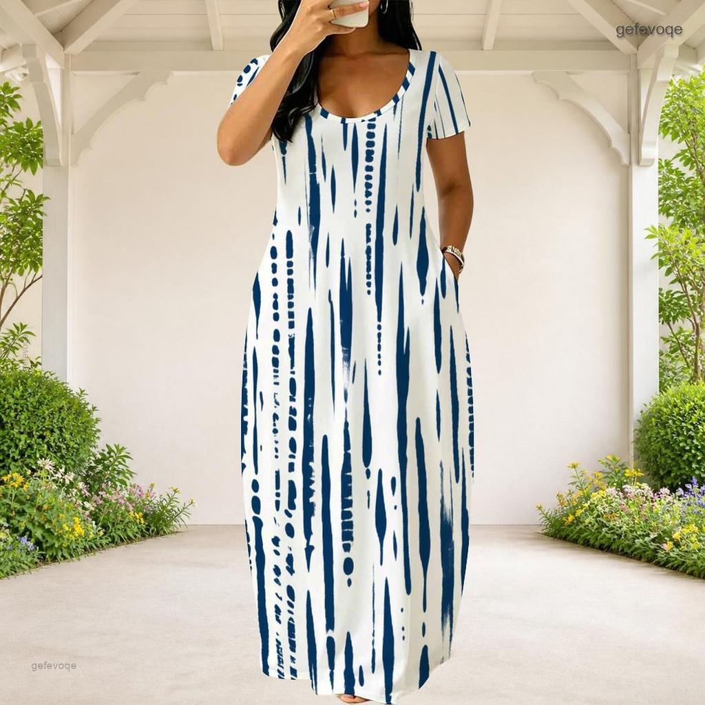 Women Plus Size Round Neck Short Sleeve Blue White Printed Loose Maxi Dress With Side Pockets
