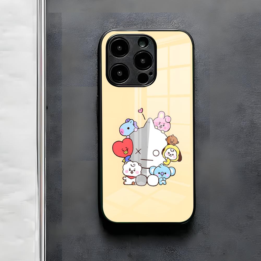 Cute Cartoon B-BT21s Phone Case For IPhone 17 Air 16 E Pro Max 15 14 13 Mini 12 Pro 11 Max Plus Black Glass Cover