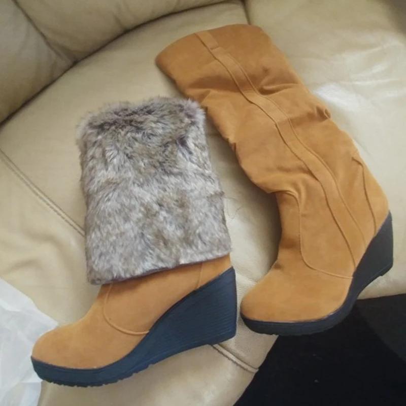Fashion 34-43 Winter Fur Boots Ladies High Heels Platform Knee High Snow Boots Women Warm Fur Wedge Shoes Woman
