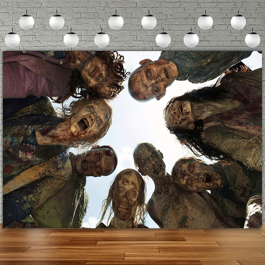 Large realistic zombie-apocalypse background banner - lifelike bloody zombies and terrifying screaming figures