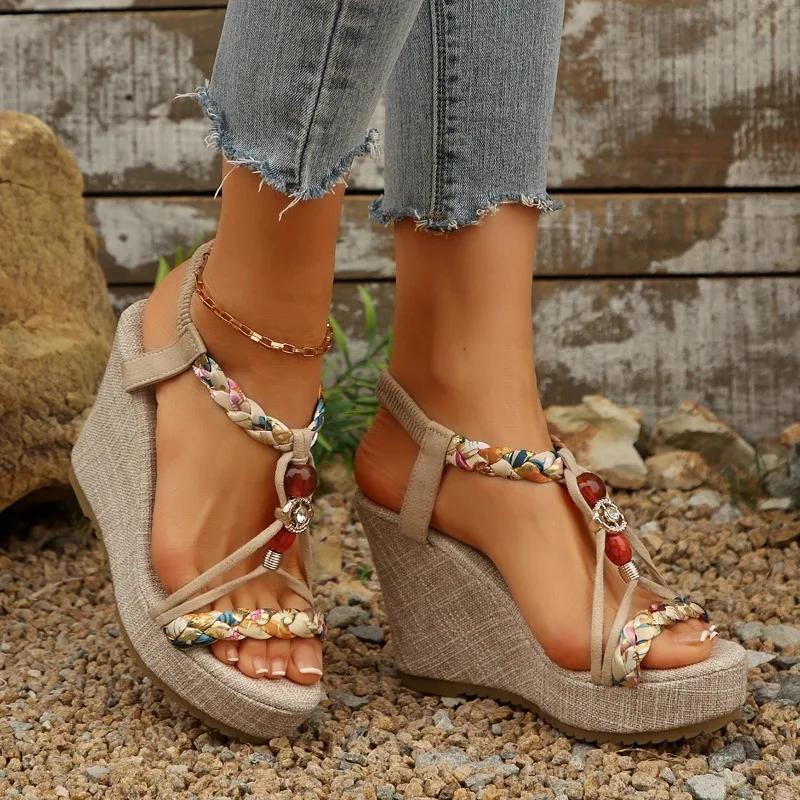 Fashion Women's Shoes 2025 Elastic Band Women's Sandals Fashion Casual Sandals Women String Bead Plus Size Super High Wedge Shoes Female